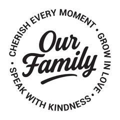 Our family, cherish every moment, speak with kindness, grow in love, inspirational design quote, motivational quotes, typography illustration lettering quotes