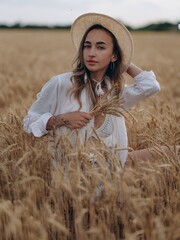 Young woman in straw hat collects bunch of ripe wheat earls in golden wheat field.