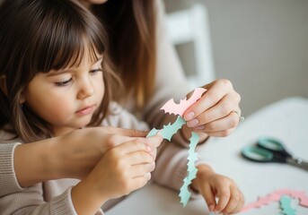 Mother and daughter crafting colorful paper decorations together at home