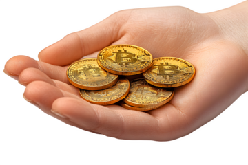 Golden bitcoin in hand isolated on white background