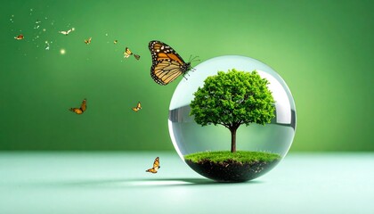 Crystal sphere containing a miniature tree with a butterfly nearby, set against a green gradient background.
