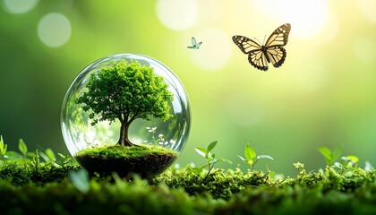 Crystal sphere containing a miniature tree with a butterfly nearby, set against a green gradient background.
