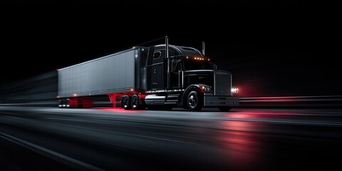 Dark night, a semi-truck travels down a highway