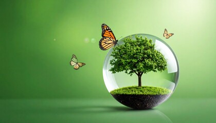 Crystal sphere containing a miniature tree with a butterfly nearby, set against a green gradient background.
