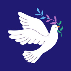 white flying dove bird with colorful leaves - green, purple, blue -peace symbol vector illustration