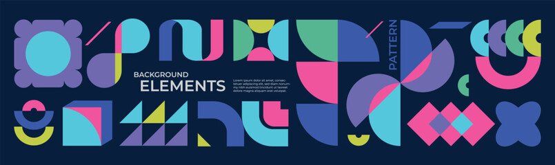 Colorful bold abstract geometric shapes and background elements in modern flat style. Trendy minimal vector pattern for web, print, banner, poster, or festival themes..