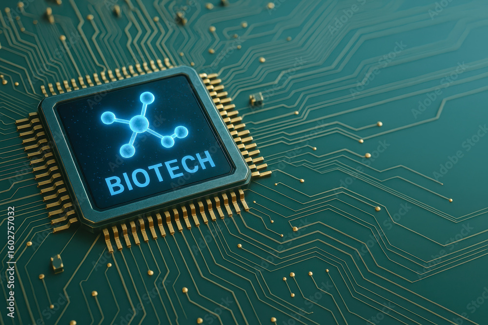 Aufkleber biotechnology innovation concept with microchip displaying biotech symbol representing medical and h