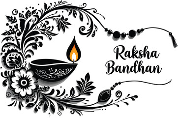 Raksha Bandhan Diya Illustration – Floral Silhouette with Festival Text in Elegant Black and White