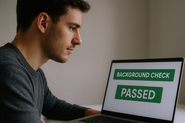 Young man reviewing successful background check results on laptop screen