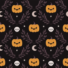 Seamless Halloween pattern with angry pumpkins, skulls, stars, crescent moons and purple branches on dark background.