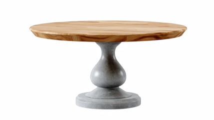 Round end table featuring a wooden top and stone pedestal against a black background, suitable for interiors and furniture projects.