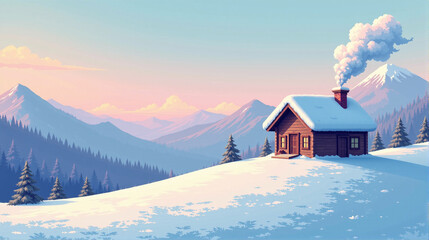 Snowy mountain cabin with smoke chimney at sunset