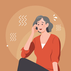Adult woman with grey hair suffering from menopause. Old woman is sweating from the heat. Headache, stress and negative emotions. Vector flat illustration in cartoon style.