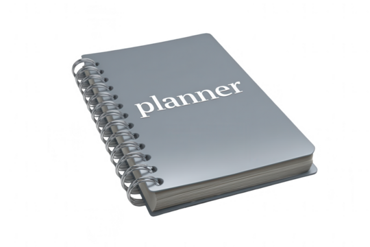 an open gray leather notebook with the word "planner" on the cover, against a white background, png, transparent