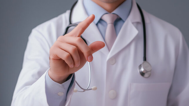 A doctor in a white coat interacting with a digital interface, using a finger to manipulate holographic data in a modern medical setting. The scene reflects innovation in healthcare technology. - Powered by Adobe