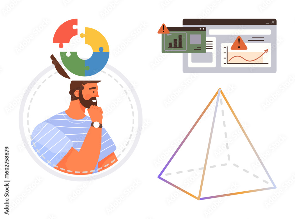 Poster thoughtful man with puzzle piece head, warning-marked graphs, and abstract pyramid. ideal for strate
