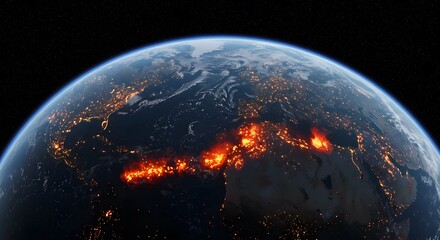 Obraz premium A view from space shows the earth at night with glowing city lights and large areas of intense orange fire or heat