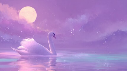 Tranquil Swan Gliding Under a Full Moon Over Calm Water at Twilight