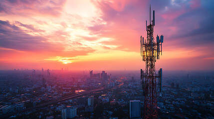 Communication technology integrated with cityscape, antennas and towers linking smart city data, symbolizing digital connectivity and future urban networks
