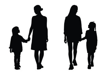 Silhouette of mother and daughter walking hand in hand, black family silhouettes on white background, parenting and bonding vector illustration for child care, motherhood, and family love concepts