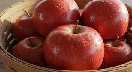 A close-up view of a basket filled with several ripe, red apples, glistening with water droplets.