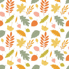 Seamless vector pattern with colorful autumn leaves flat cartoon foliage background