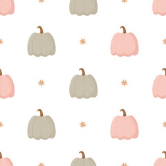 Minimal pastel pumpkin seamless pattern with stars on a white background.
