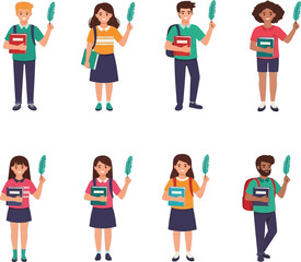 Fototapeta premium Diverse students holding quills ready for learning, education concept illustration perfect for back to school