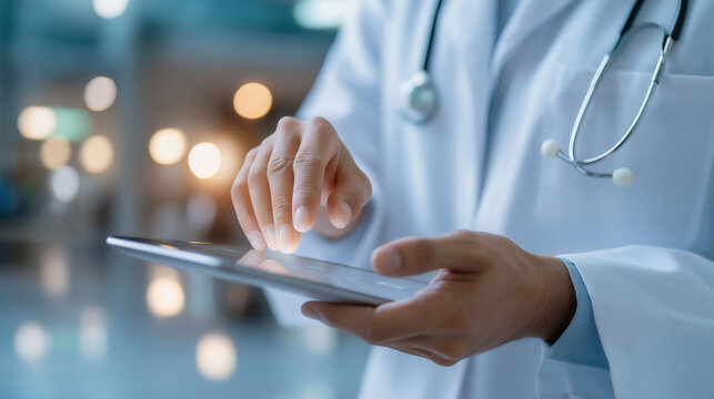 A doctor in a white coat interacting with a digital interface, using a finger to manipulate holographic data in a modern medical setting. The scene reflects innovation in healthcare technology. - Powered by Adobe