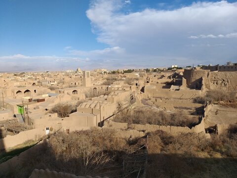Panoramic view of traditional adobe houses in Meybod, Yazd, Iran