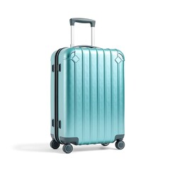 3d icon of a shiny teal suitcase with a retractable handle and wheels, isolated on a white background
