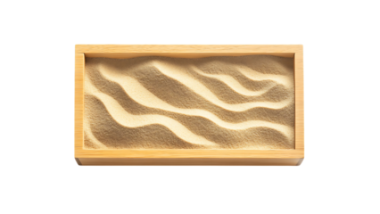 A wooden framed sand tray with raked sand forming wavy patterns in a zen garden style display
