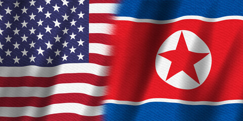 USA flag stars and stripes and North Korea flag background