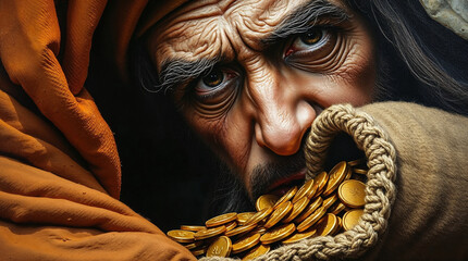 Portrait of Ali Baba with gold coins, proud expression, classic illustration style, treasure background – illustration for the fairy tale "Ali Baba and the Forty Thieves" © Julia