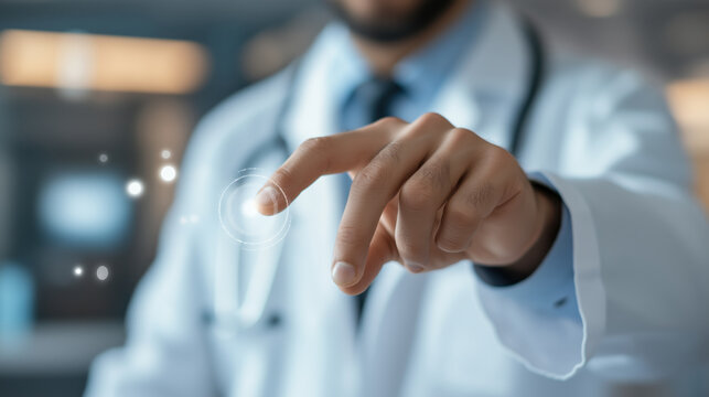 A doctor in a white coat interacting with a digital interface, using a finger to manipulate holographic data in a modern medical setting. The scene reflects innovation in healthcare technology.