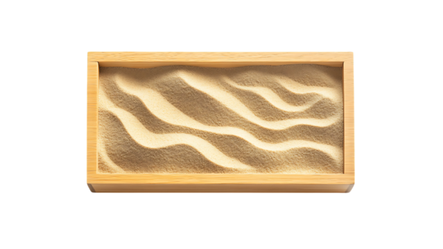 A wooden framed sand tray with raked sand forming wavy patterns in a zen garden style display

