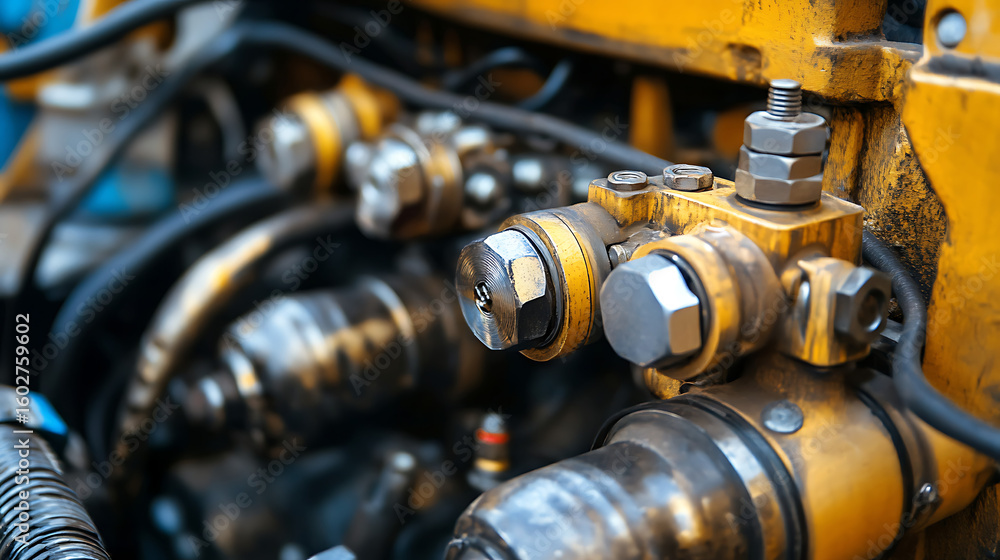 Poster a close up of a yellow engine with many nuts and bolts. the engine is old and rusty