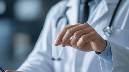A doctor in a white coat interacting with a digital interface, using a finger to manipulate holographic data in a modern medical setting. The scene reflects innovation in healthcare technology.