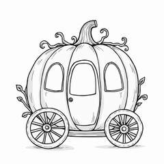 Pumpkin carriage with thin black outlines showing vine details  