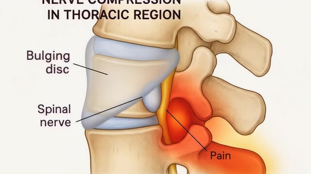 Detailed 3D animation illustrating nerve compression in the thoracic region of the human spine caused by a bulging disc leading to pain