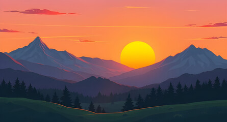 Naklejka premium Sunset mountains, Mountain sunset, Sunset landscape, Golden hour mountains, Sun setting behind peaks, Evening sky, Mountain silhouette, Sunset glow, Sunset horizon, Sunset view, Sunset scene, Dusk in 
