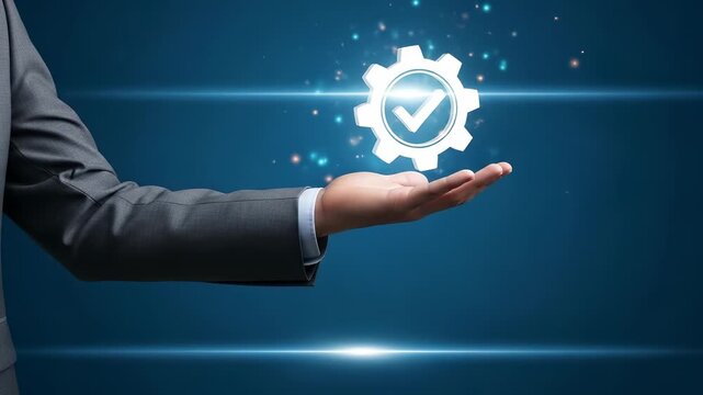 Streamlined Solutions: Hand Holding Gear with Checkmark - Automation, Efficiency, and Quality Assurance Concept for Business and Technology