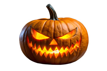 A scary carved halloween pumpkin jack o lantern with a glowing evil face, isolated on transparent background