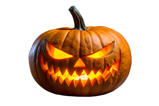 A scary carved halloween pumpkin jack o lantern with a glowing evil face, isolated on transparent background