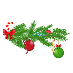 Christmas fir branch with ornaments and bow, vector