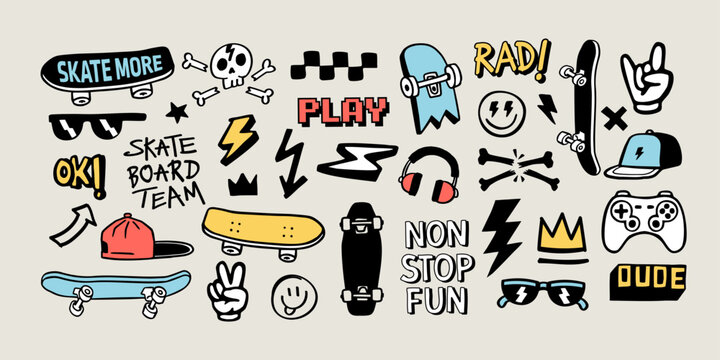 Hand-drawn vector set with cool illustrations like skateboards, smile faces, lightning bolts, game controller, peace sign, and more. Perfect for t-shirts, stickers, and streetwear graphics.