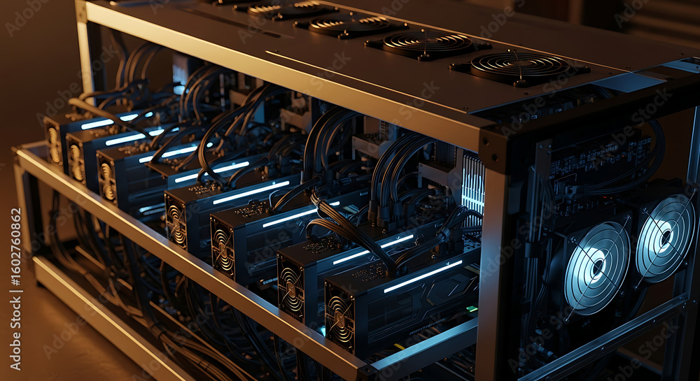 Poster a close-up view of a cryptocurrency mining rig with multiple graphics cards.