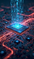 CPU with Data Stream: The Pulse of Technology Flowing Through a Circuit Board.
