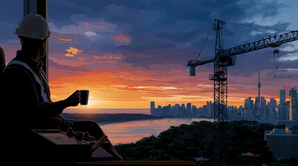 Silhouette of a Crane Operator Against a Sunset City Skyline