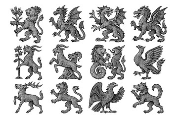 Heraldic mythical creatures including griffins, dragons, and beasts in vintage engraving style, Transparent Background